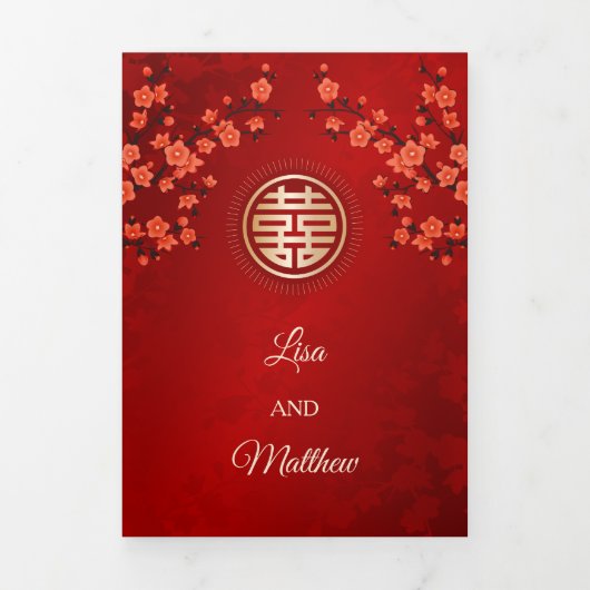 Red Cherry Blossom Red | Chinese bruiloft Drieluik Uitnodiging (Cover)