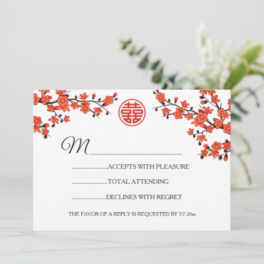 Red Cherry Blossom RSVP Chinese bruiloft Kaart (Staand voorkant)
