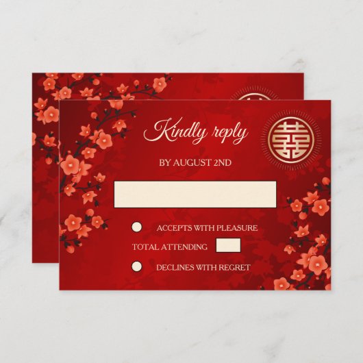 Red Cherry Blossom RSVP Chinese bruiloft Kaart (Voorkant / Achterkant)