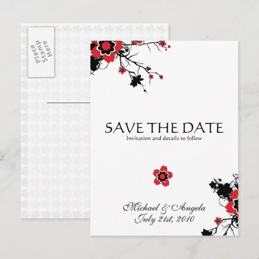 Red Cherry Blossom Sakura Save the Date Aankondigingskaart (Voorkant / Achterkant)