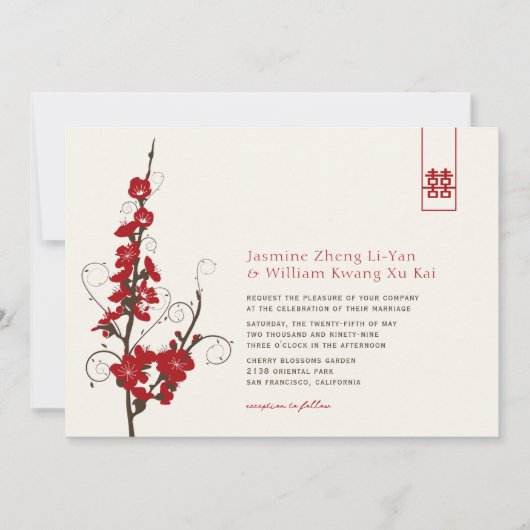 Red Cherry Blossom Sakura zwemt Aziatische bruilof Kaart (Voorkant)