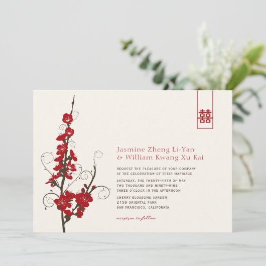 Red Cherry Blossom Sakura zwemt Aziatische bruilof Kaart (Staand voorkant)