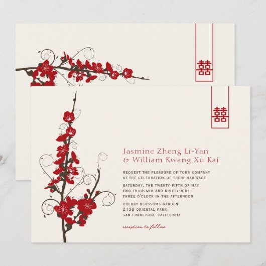 Red Cherry Blossom Sakura zwemt Aziatische bruilof Kaart (Voorkant / Achterkant)