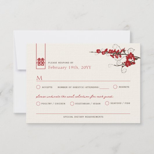 Red Cherry Blossom Sakura zwemt Aziatische bruilof RSVP Kaartje (Voorkant)