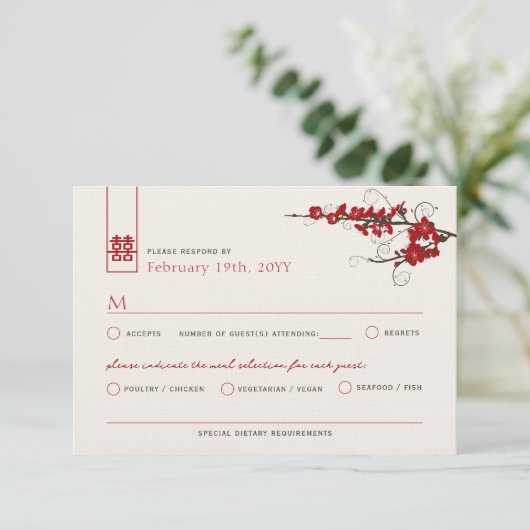 Red Cherry Blossom Sakura zwemt Aziatische bruilof RSVP Kaartje (Staand voorkant)