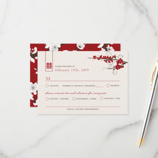 Red Cherry Blossom Sakura zwemt Aziatische bruilof RSVP Kaartje (Voorkant / Achterkant in situ)