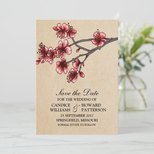 Red  Cherry Blossom Save the Date Invite (Staand voorkant)