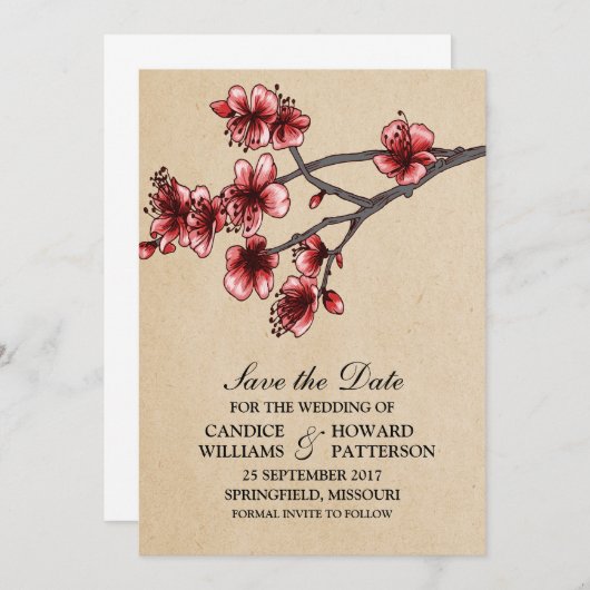 Red Cherry Blossom Save the Date Invite (Voorkant / Achterkant)