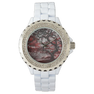 Red Cherry Blossom Tree Horloge