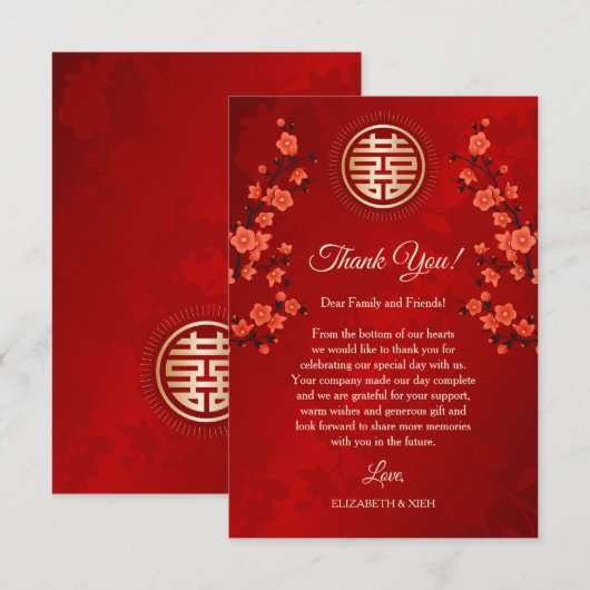 Red Cherry Blossom Wedding Bedankkaart (Voorkant / Achterkant)