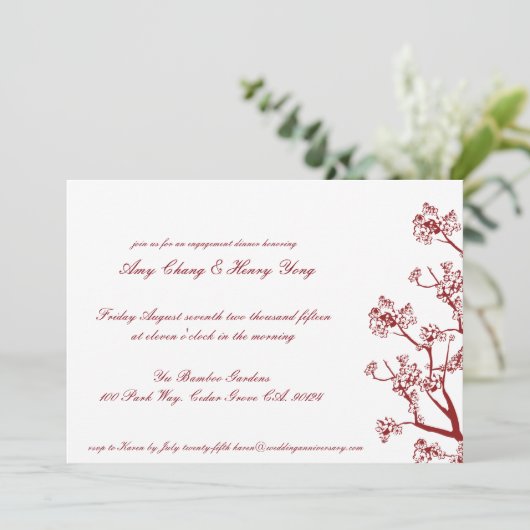 Red Cherry Blossom Wedding Jubileum Invite Kaart (Staand voorkant)