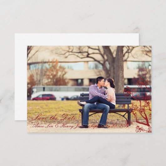Red Cherry Blossom Wedding Save the Date Cards (Voorkant / Achterkant)