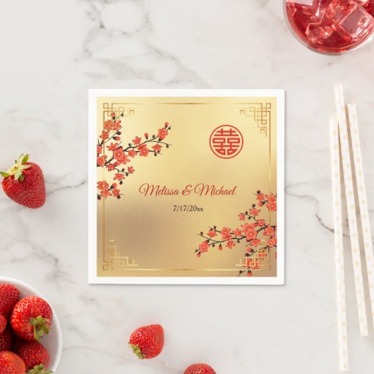 Red Cherry Blossoms Gold Chinese Wedding Custom Servet (Insitu)