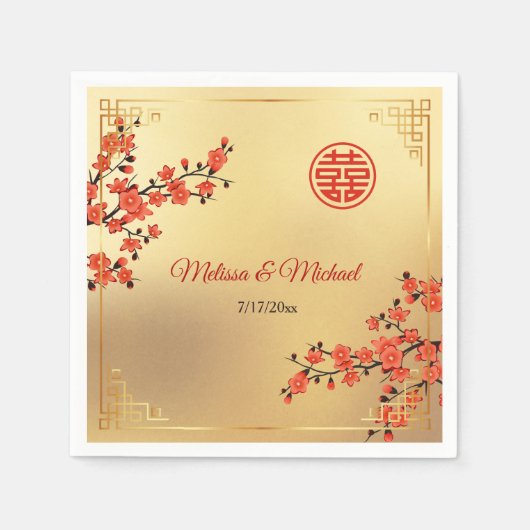 Red Cherry Blossoms Gold Chinese Wedding Custom Servet (Voorkant)