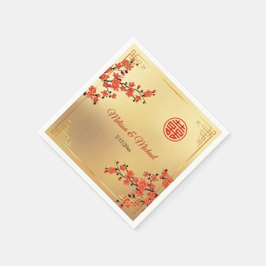   Red Cherry Blossoms Gold Chinese Wedding Custom Servet (Hoek)