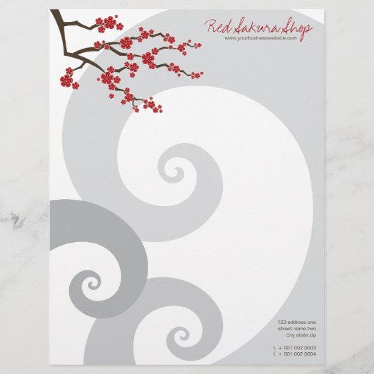 Red Cherry Blossoms Sakura Bloemen & Grijze Spiral Briefhoofd (Voorkant)