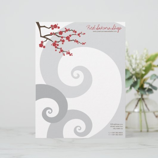 Red Cherry Blossoms Sakura Bloemen & Grijze Spiral Briefhoofd (Staand voorkant)