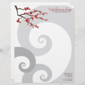 Red Cherry Blossoms Sakura Bloemen & Grijze Spiral Briefhoofd (Voorkant / Achterkant)
