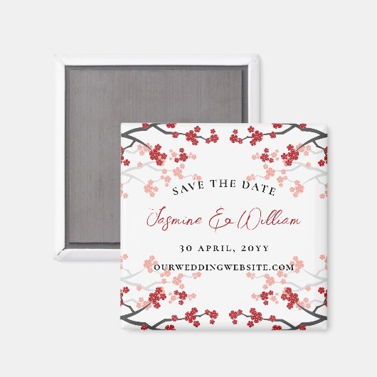 Red Cherry Blossoms Sakura Flowers Save The Date Magneet (Voorkant / Achterkant)