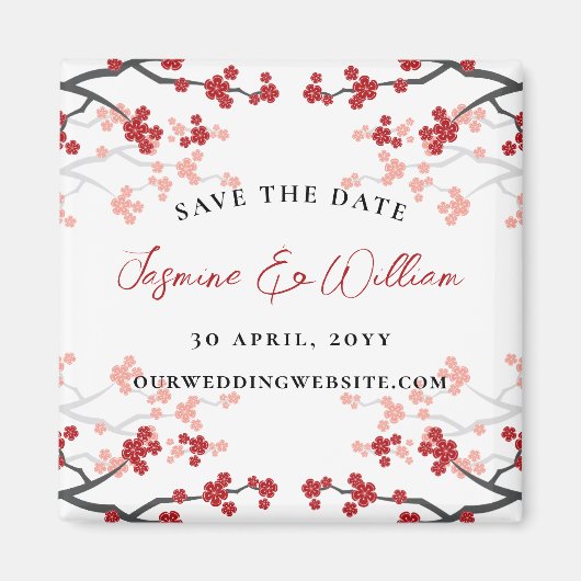 Red Cherry Blossoms Sakura Flowers Save The Date Magneet (Voorkant)