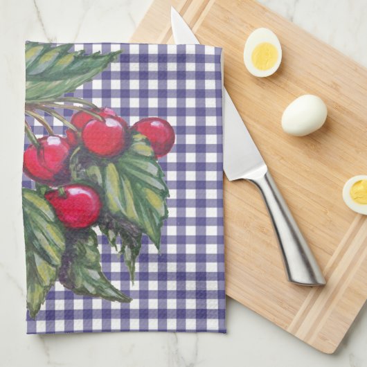 Red Cherry Blue Gingham Country Kitchen Theedoek (Quarter Fold)