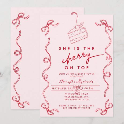 Red Cherry Cake Pink Girl Baby shower Kaart (Voorkant / Achterkant)