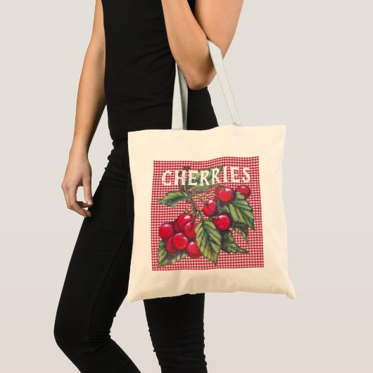 Red Cherry Cherries Fruit Gingham Retro  Tote Bag (Voorkant (product))