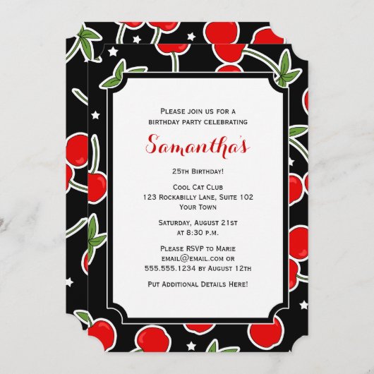 Red Cherry en Star Retro Die-cut Birthday Party Kaart (Voorkant / Achterkant)