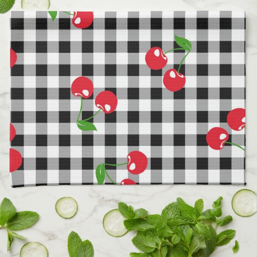 Red Cherry Gingham Black & White Buffalo Plaid Theedoek (Gevouwen)