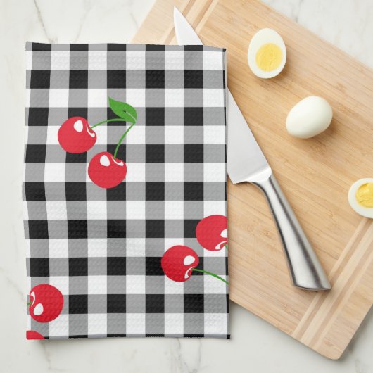 Red Cherry Gingham Black & White Buffalo Plaid Theedoek (Quarter Fold)
