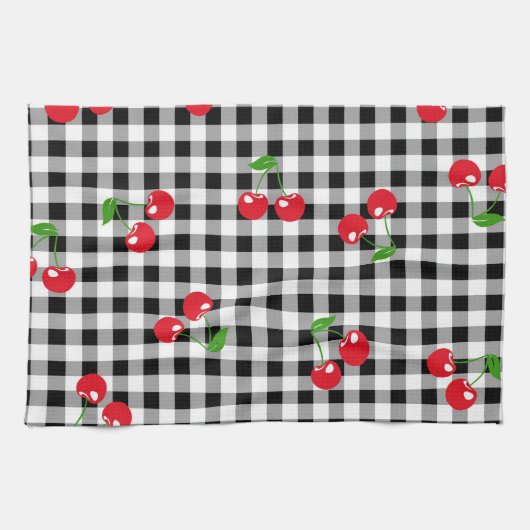 Red Cherry Gingham Black & White Buffalo Plaid Theedoek (Horizontaal)