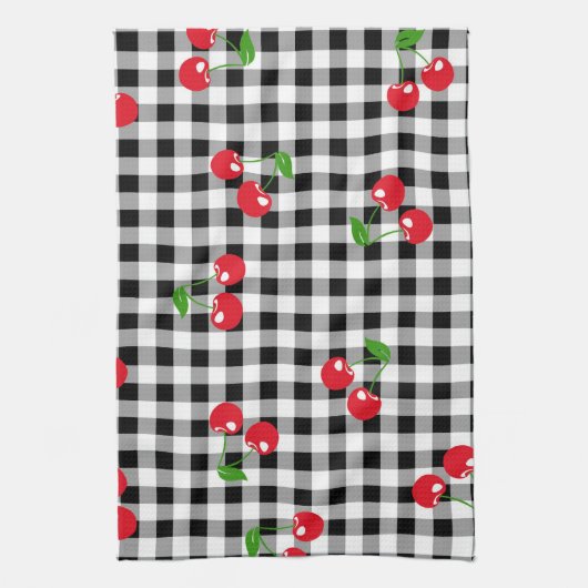 Red Cherry Gingham Black & White Buffalo Plaid Theedoek (Verticaal)