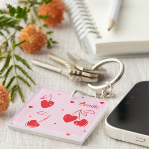 Red Cherry Hearts grillige Schattigee naam acryl Sleutelhanger