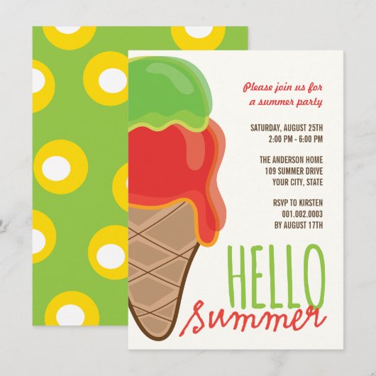 Red Cherry Limoen Fun Ice Cream Summer Party nodig Kaart (Voorkant / Achterkant)