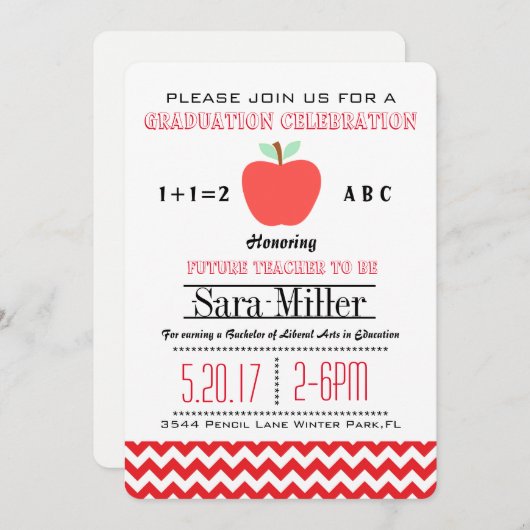 Red Chevron/Apple Teacher Afstuderen Invitation Kaart (Voorkant / Achterkant)