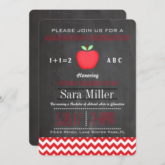 Red Chevron / Apple Teacher Afstuderen Invitation Kaart (Voorkant / Achterkant)