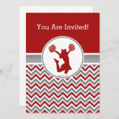 Red Chevron Cheer of Pom Party Invitation Kaart (Voorkant / Achterkant)
