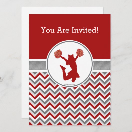 Red Chevron Cheer of Pom Party Invitation Kaart (Voorkant / Achterkant)