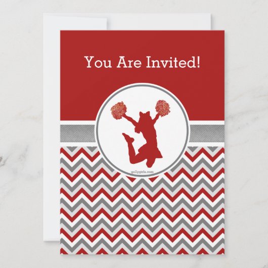 Red Chevron Cheer of Pom Party Invitation Kaart (Voorkant)