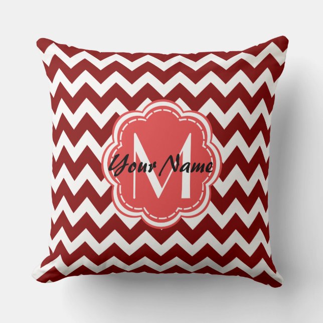 Red Chevron Floral Monogram, gepersonaliseerde naa Kussen (Voorkant)