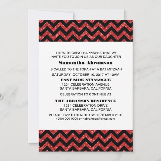 Red Chevron Glitter Bat Mitzvah Invite Kaart (Voorkant)