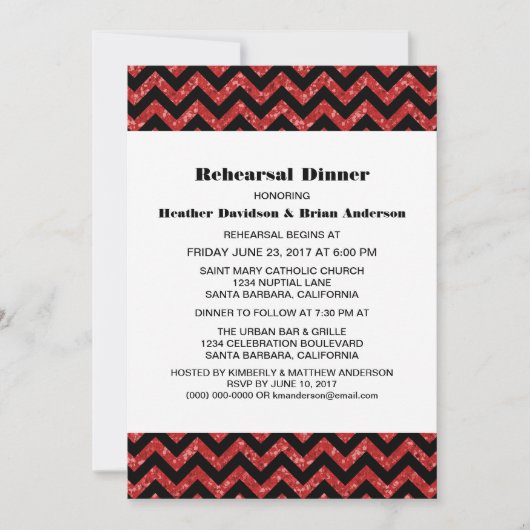 Red Chevron Glitter Rehearsal Dinner Invite Kaart (Voorkant)