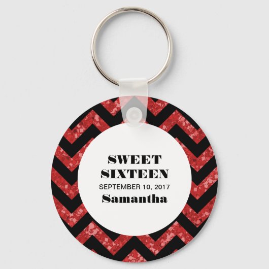 Red Chevron Glitter Sweet 16 Sleutelhanger (Voorkant)