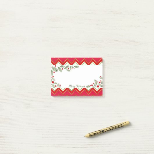 Red Chevron Holiday Greenery Merry Kerstmis Post-it® Notes (Op bureau)