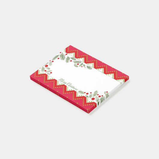 Red Chevron Holiday Greenery Merry Kerstmis Post-it® Notes (Schuin)
