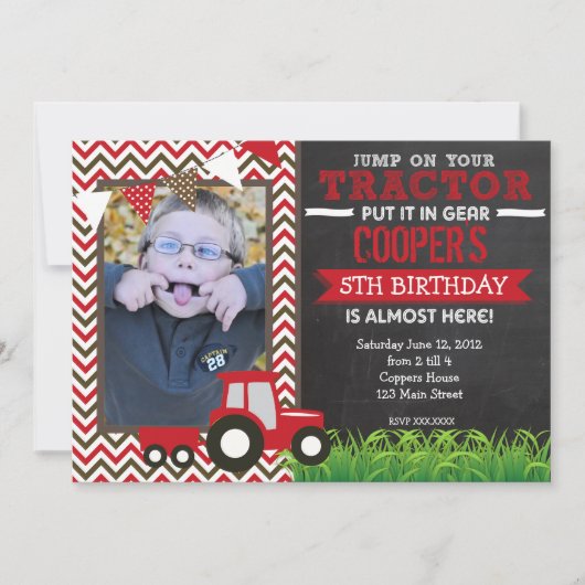 Red Chevron Tractor Birthday Party Invitation Kaart (Voorkant)