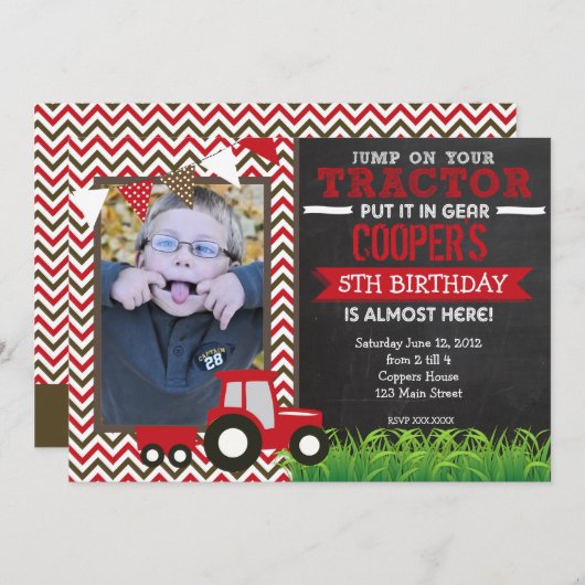 Red Chevron Tractor Birthday Party Invitation Kaart (Voorkant / Achterkant)