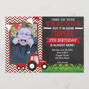 Red Chevron Tractor Birthday Party Invitation Kaart