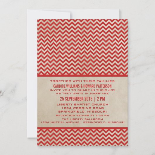 Red Chic Chevron Wedding Invite Kaart (Voorkant)