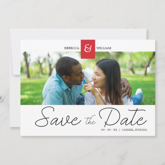 Red Chic Custom Photo Instant Engaged Couple Save The Date (Voorkant)